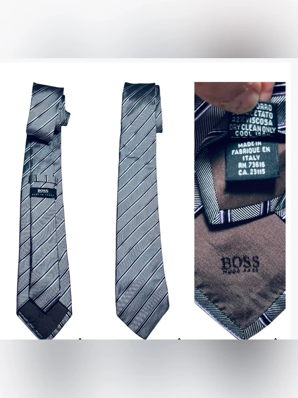 HUGO BOSS Tie Mens Grey Silver Diagonal Striped Made In Italy Silk Blend NWOT